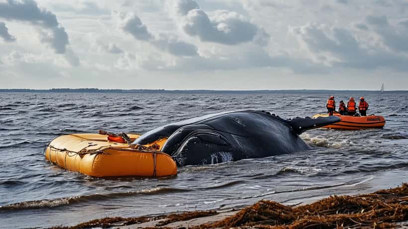 Baleine à bosse échouée sur un banc de sable en mer Baltique, opération de sauvetage en cours avec pontons et plongeurs