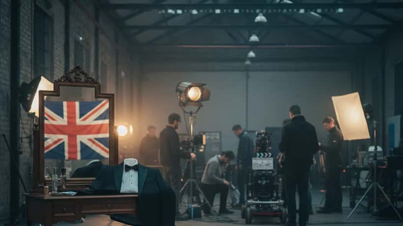 Film set in London with tuxedo and cinematic lighting for Bond 26 production