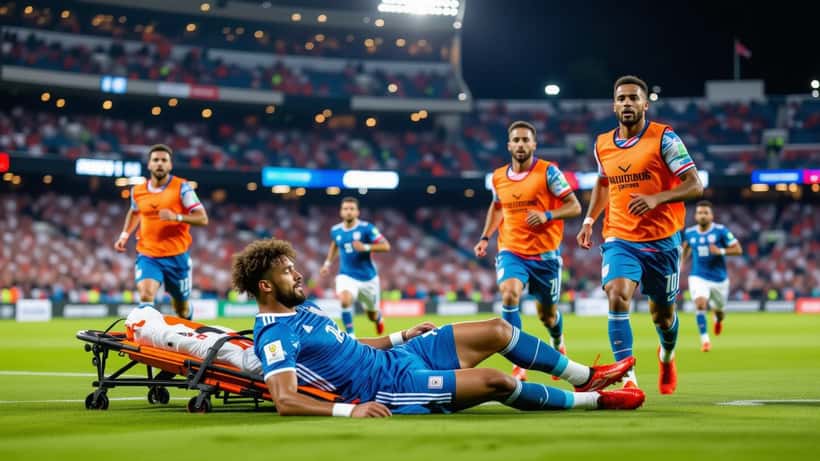 Soccer player clutching knee injury at WC2026 stadium with medical staff attending