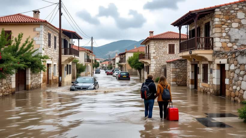 Rue inondée à Réthymnon, Crète, après les tempêtes d'octobre 2026