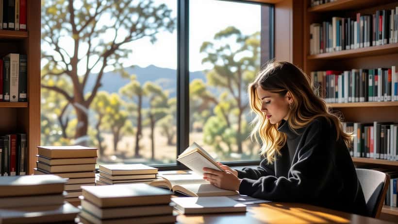 University student reading books in a library with Australian landscape visible through window