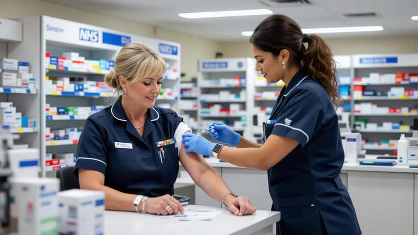 NHS pharmacist administering flu jab to elderly patient in UK pharmacy