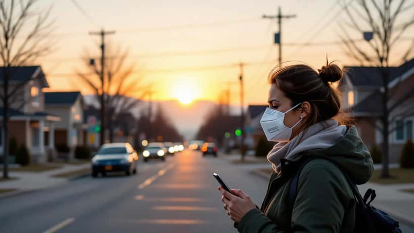 Canadian woman wearing N95 mask on suburban street with orange wildfire smoke haze in 2026