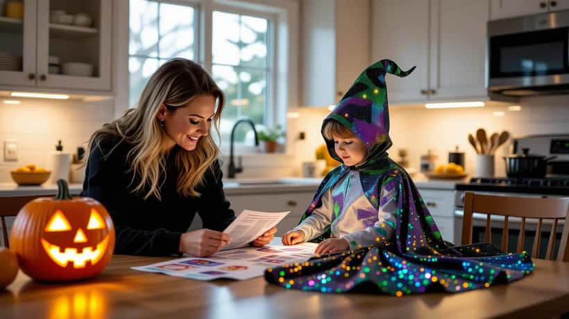 Parent vérifiant l'étiquette d'un costume d'Halloween pour enfant avant le 31 octobre 2026