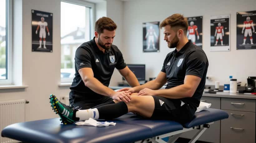Sports physiotherapist examining a footballer's knee injury in a Glasgow clinic, football boots and kit visible on the treatment table
