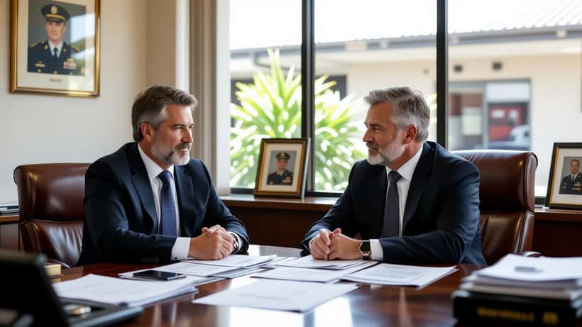 Family meeting with solicitor reviewing police compensation documents in Sydney law office