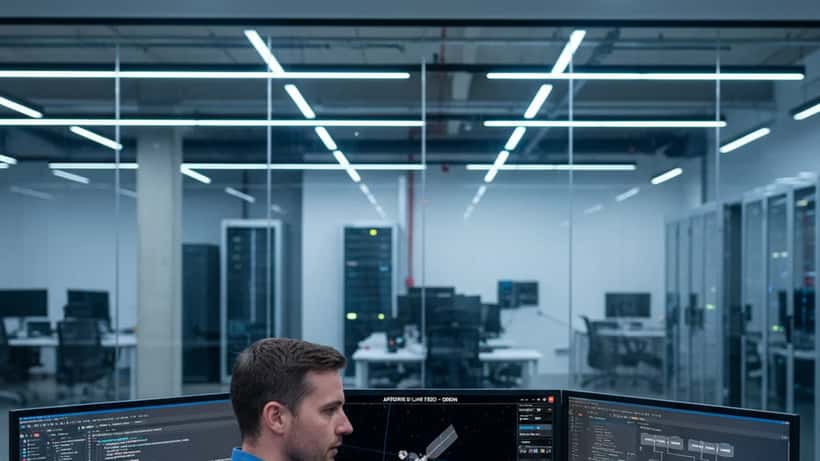 UK IT engineer monitoring space mission telemetry data at multiple screens in a Hertfordshire tech office