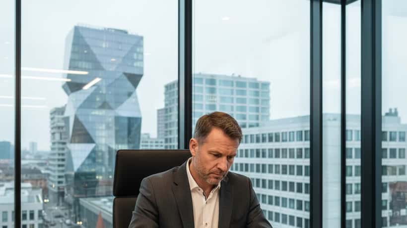 Deutscher Finanzfachmann analysiert Munich Re Unterlagen in einem Münchner Büro