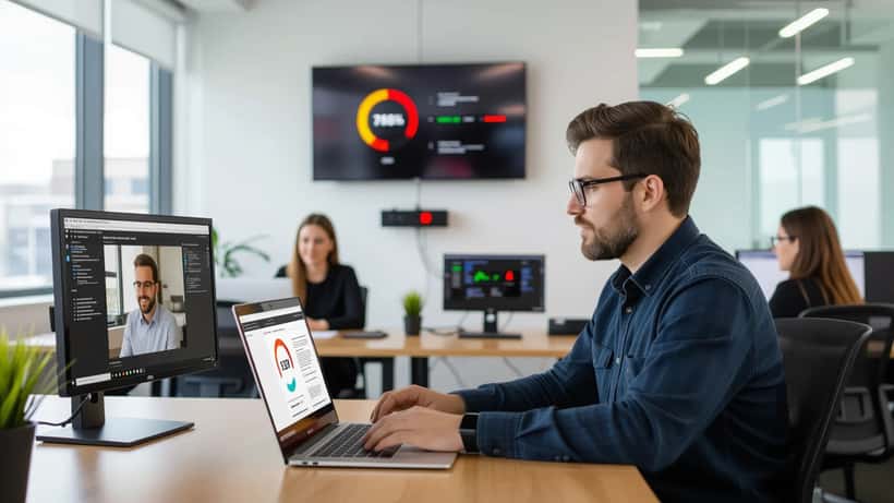 IT specialist checking a frozen Microsoft Teams call on a laptop in an Australian office during an outage