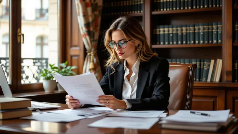 Femme consultant des dossiers juridiques de harcèlement moral dans un cabinet d'avocat parisien