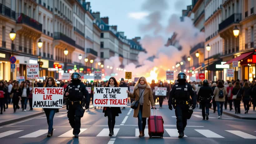 Demonstranten und Touristen mit Rollkoffern auf einer Straße in Lyon