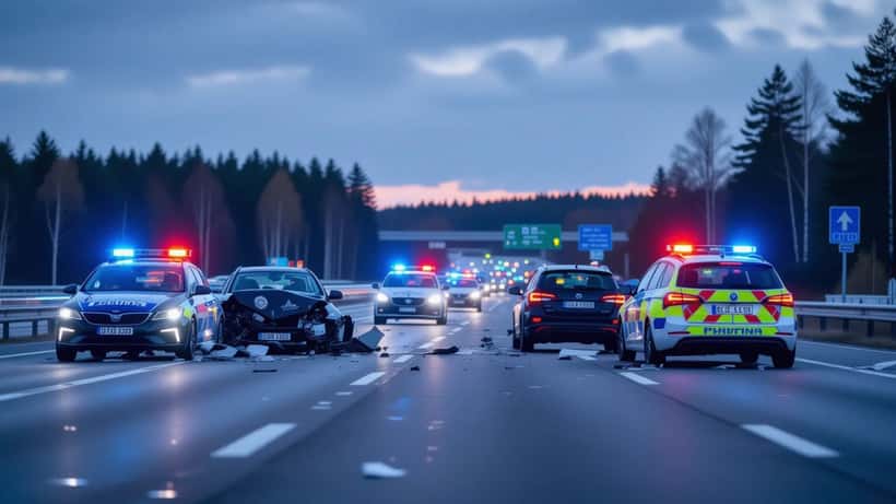 Liikenneonnettomuus Paimiossa E18-moottoritiellä, poliisi ja hätäajoneuvot paikalla