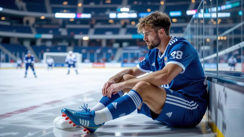 Joueur de soccer tenant sa cheville blessée sur le banc d'un aréna intérieur à Montréal