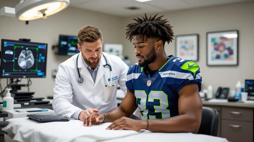 NFL running back being examined by sports medicine physician after a chest injury during a game