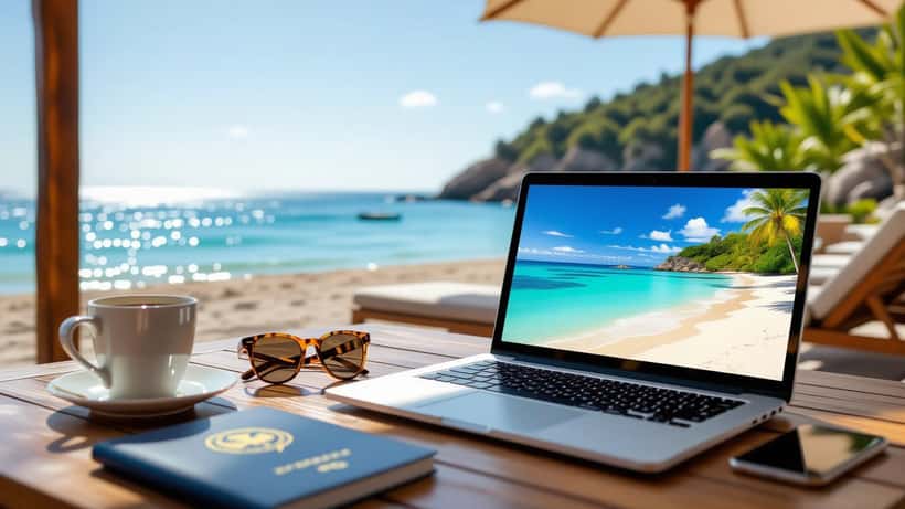 Rejseplanlægning med laptop, pas og kort til sommerferie 2026
