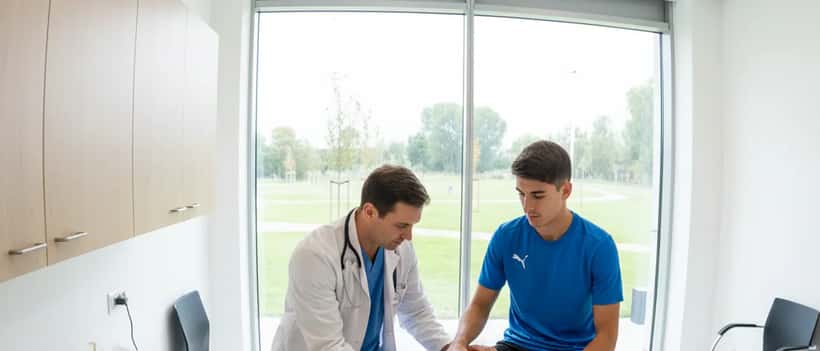 Medico sportivo che esamina il ginocchio di un calciatore in clinica