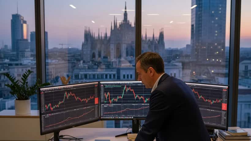 Consulente finanziario milanese analizza dati borse asiatiche su schermi multipli in ufficio