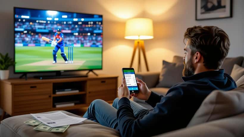 Australian man watching BAN vs SL cricket on TV while checking sports betting app and financial documents on coffee table