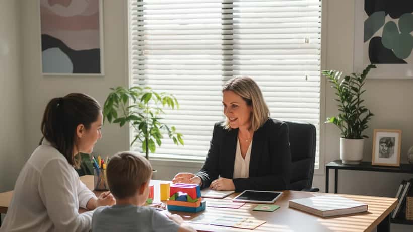 Australian female psychologist conducting autism assessment session with parent and child in a Melbourne consultation room