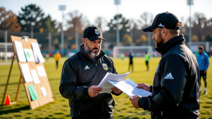 Fotbollstränare granskar kontraktsdokument vid sidan av träningsplan i Sydamerika