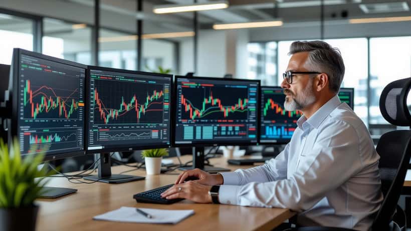 Executivo brasileiro analisando gráficos do Ibovespa e pesquisas eleitorais em São Paulo