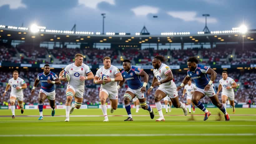 Fiji and England rugby teams line up for the 2026 international match