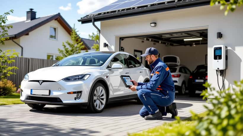 Bilmekaniker undersöker elbils batteri med diagnostikverktyg inför V2G-installation i Sverige