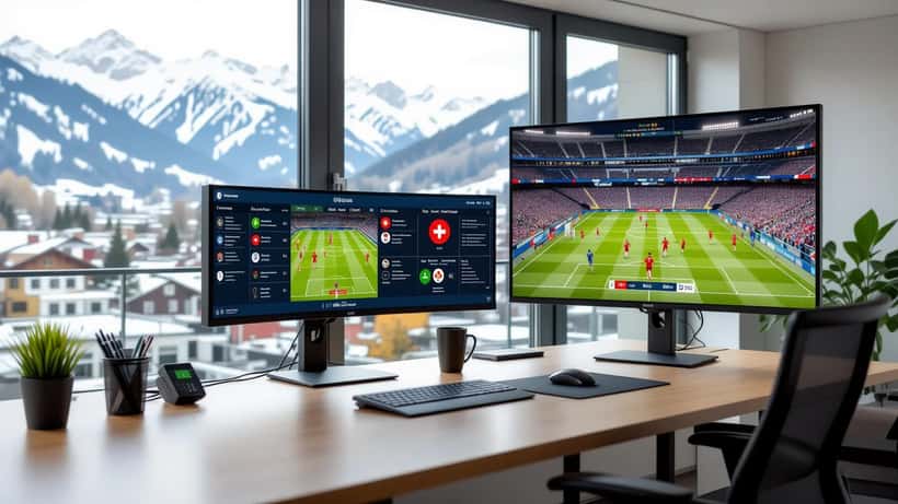 Écran affichant le tableau et le calendrier de la Coupe du Monde 2026 dans un bureau de consultant suisse
