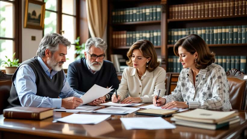 Famiglia italiana che esamina documenti di eredità e debiti nello studio di un notaio