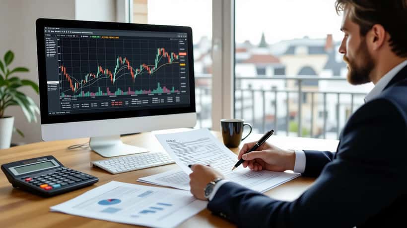 Investisseur parisien consultant ses documents fiscaux et graphiques CAC 40 en 2026