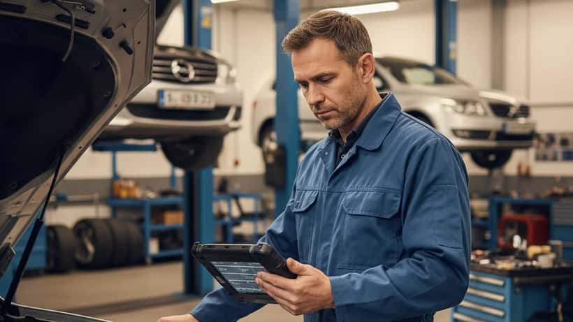 Kfz-Mechaniker prüft Fahrzeugdiagnose in österreichischer Werkstatt