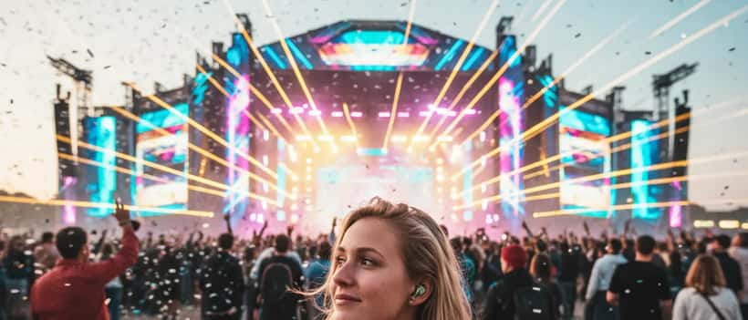 Jonge vrouw met gehoorbescherming bij een openluchtfestival in Nederland