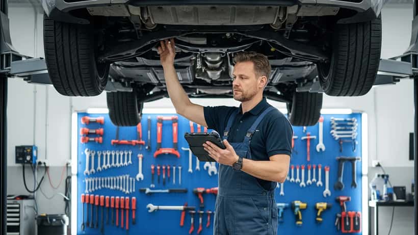 Svensk mekaniker inspekterar lyxbil på lyft i Göteborgs bilverkstad med diagnostikverktyg
