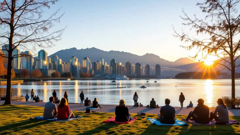 Vue ensoleillée de Vancouver en été 2026 avec montagnes et habitants en plein air