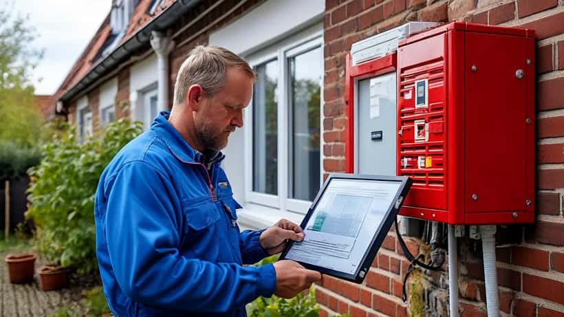 VVS-installatør inspicerer varmepumpe på dansk murstenshus med energimærke på væggen