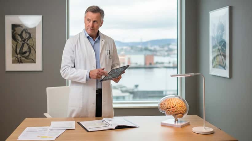 Norsk nevrolog konsulterer pasient om ALS diagnose, Oslo sykehus 2026