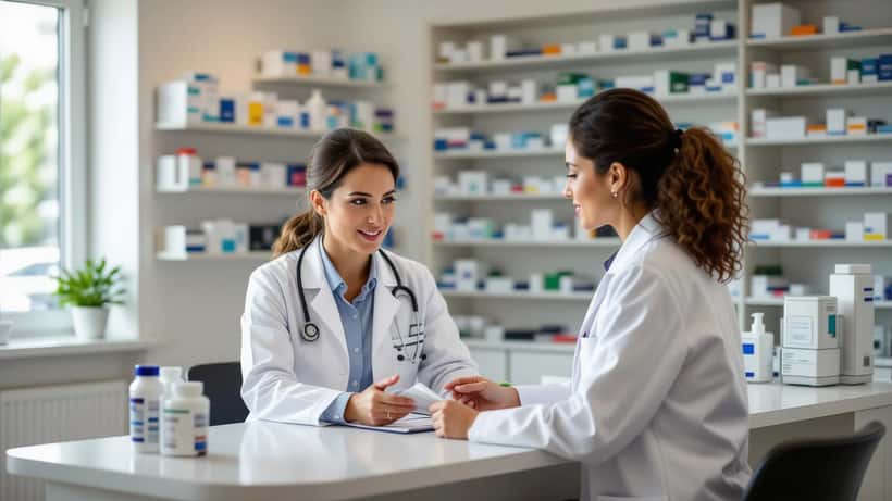 Frau bespricht Abnehmspritze mit Apotheker an der Apothekentheke