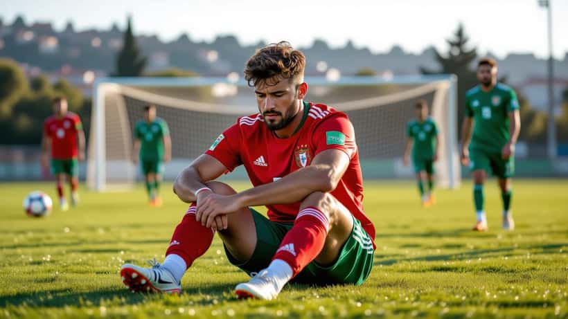 Atleta amador português com dor no joelho num campo de futebol em Lisboa