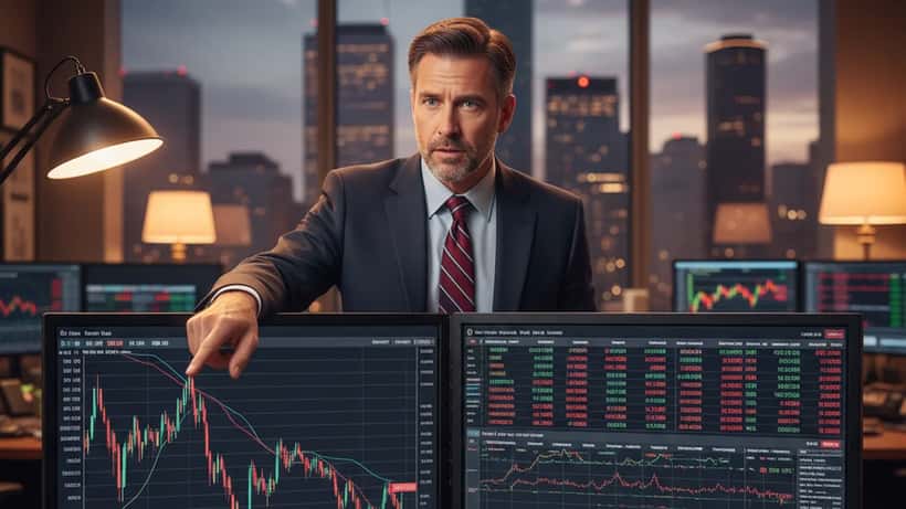 American wealth advisor pointing to oil price chart on dual monitors in Houston office