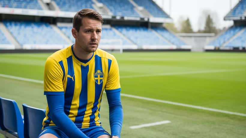 Svensk amatörfotbollsspelare sitter på bänken med ispåse på knäet på Strawberry Arena i Solna