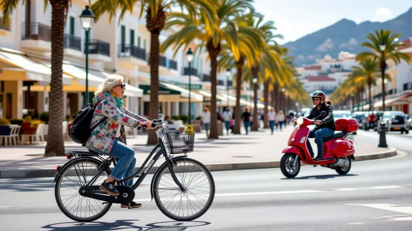 Frau auf Fahrrad auf der Palma-Promenade greift schockiert nach leerem Fahrradkorb nach Handtaschenraub
