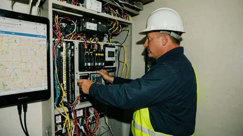 Electrician inspecting residential electrical panel during power outage