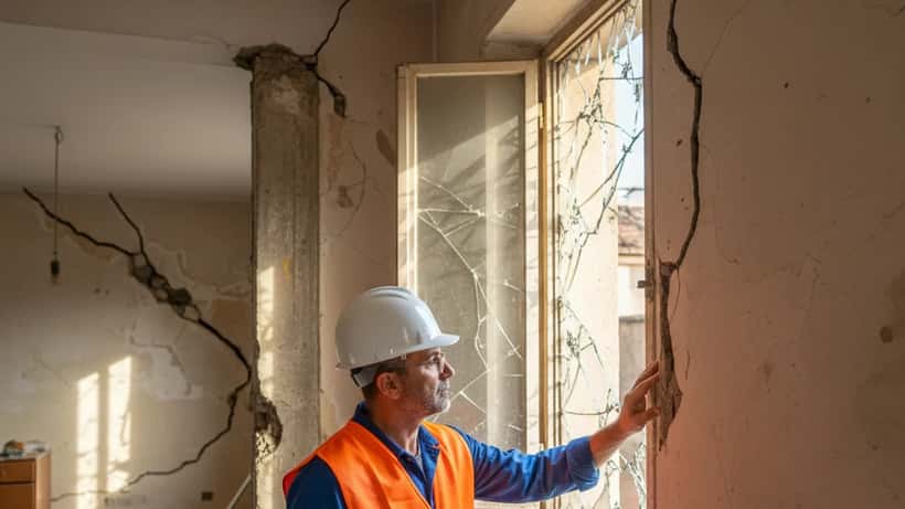 Ingegnere strutturista ispeziona danni sismici in un appartamento a Pozzuoli dopo il terremoto del 3 aprile 2026