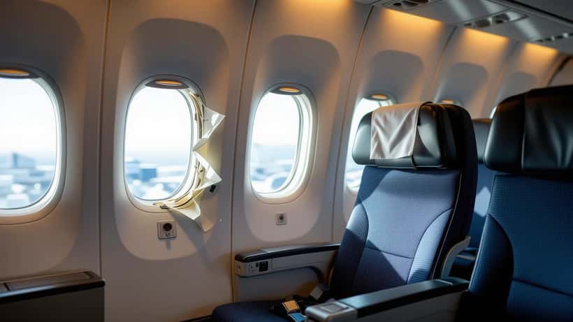 Cabine d'avion après la rupture d'un hublot, siège vide et masques à oxygène pendants