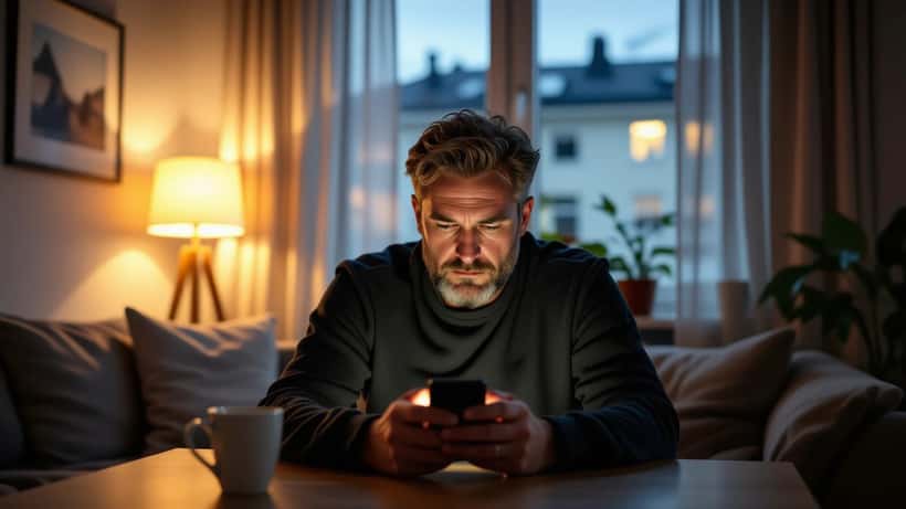 Suomalainen henkilö selailee turvallisuusuutisia puhelimella väsyneen näköisenä myöhään illalla