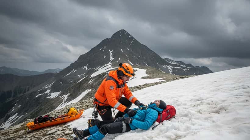 Soccorso alpino in azione su cresta innevata in primavera sulle Alpi italiane