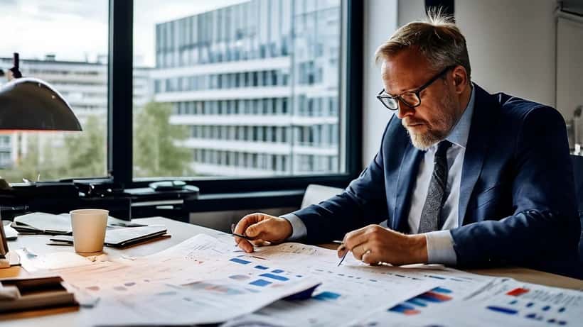 Talousasiantuntija tarkastelee sosiaaliturvan muutoksia toimistossa