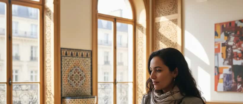 Une professionnelle franco-marocaine vérifiant les fuseaux horaires sur son téléphone dans un bureau parisien