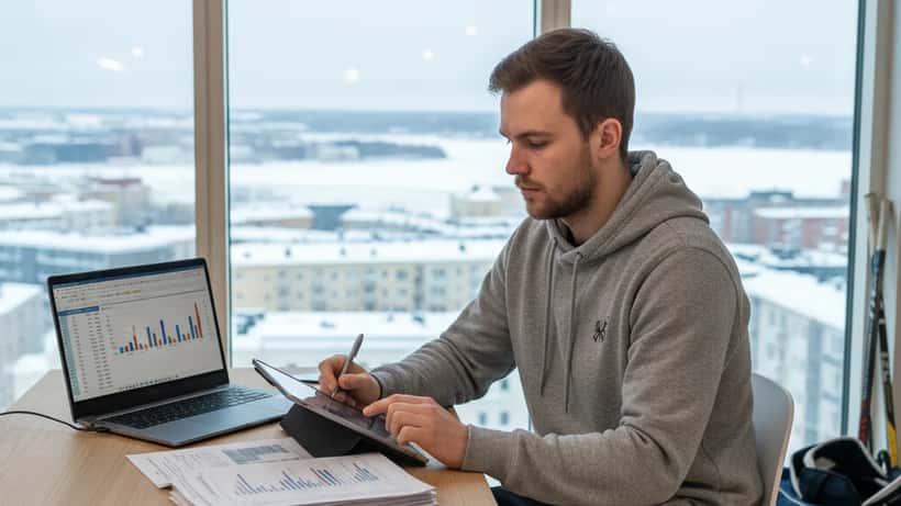 Nuori suomalainen urheilija tarkastelee taloudellisia dokumentteja modernissa Helsingin asunnossa