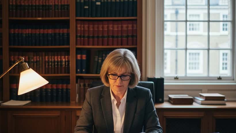 Female solicitor reviewing inheritance documents at mahogany desk in London law office